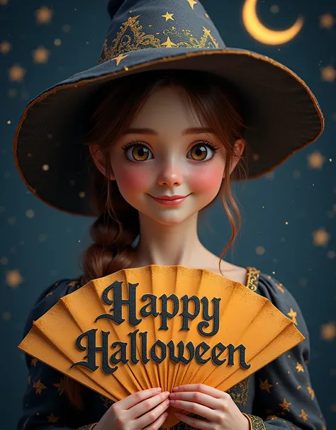 a girl in a medieval witch hat, happy expression, holding a fan-shaped sign with "Happy Halloween" text in medieval font, detailed realistic portrait, glittering stars and moon background, ultra-detailed, 8k, photorealistic, masterpiece