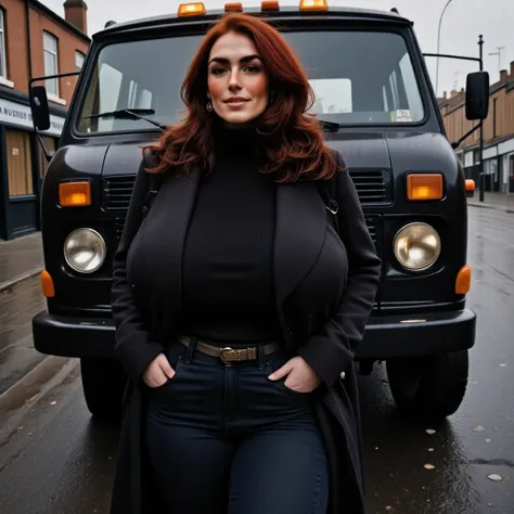 photorealistic, cinematic style, picture of a beautiful british woman leaning against the side of a old black chevy van. (dynami...