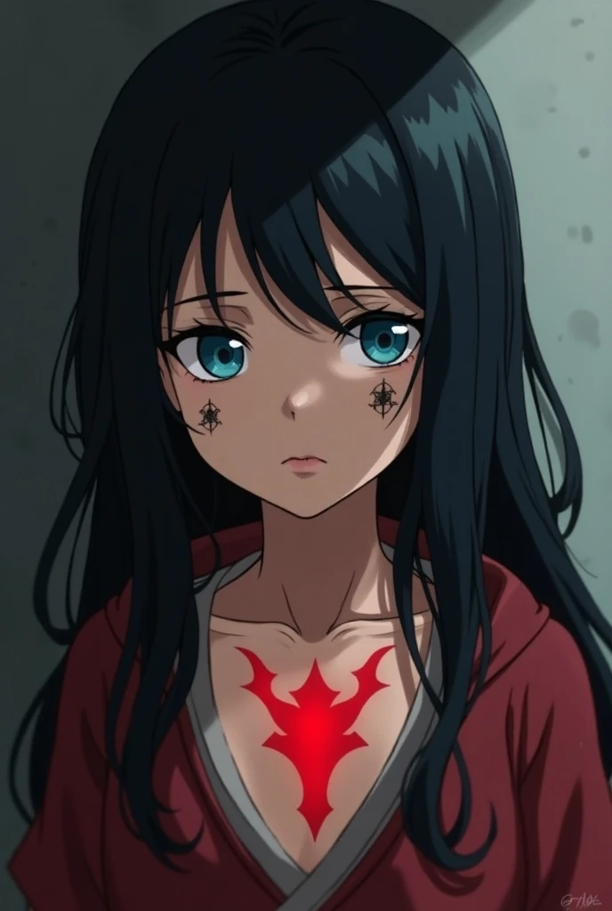 Five-year-old girl Naruto Shippuden character , with long black hair, bright blue eyes, five-pointed star marks on her black cheeks,  bright red succubus tattoo on her chest