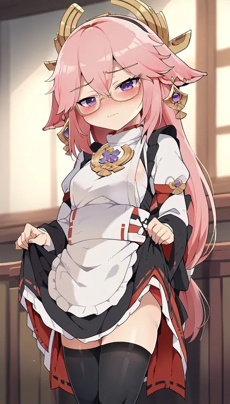 One person、 standing、Maid uniform、Small breasts、Open clothes、Gold-rimmed round glasses、 Ill lift the skirt 、A disdainful look、Displeased face、I have shadows around my eyes、Yae Miko、Black tights、Showing up a skirt