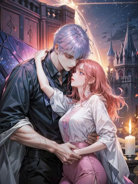 couple, 1 Girl 1 strong Boy, different hair color, magical, The woman was Princess Sapphire with long red hair with purple eyes and both are wearing a loose shirt and pants on a palace training grounds, with an knigh with short pink hair and they embrace a...