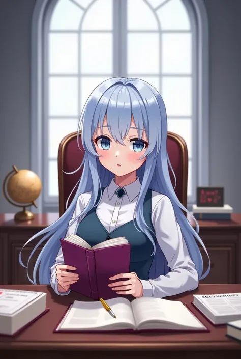 A cute adorable clever kawaii 16 teenage anime girl, stunning long silver light shimmery blue hair, length to her thighs, sapphire blue eyes, sitting in a comfy non wooden chair in front of the non wooden desk in a duchy’s big office a large window in fron...