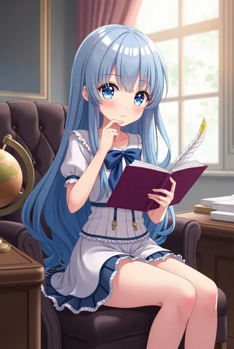 A cute adorable clever kawaii 16 teenage anime girl, stunning long silver light shimmery blue hair, length to her thighs, sapphire blue eyes, sitting in a comfy non wooden chair in front of the non wooden desk in a duchy’s big office a large window in fron...