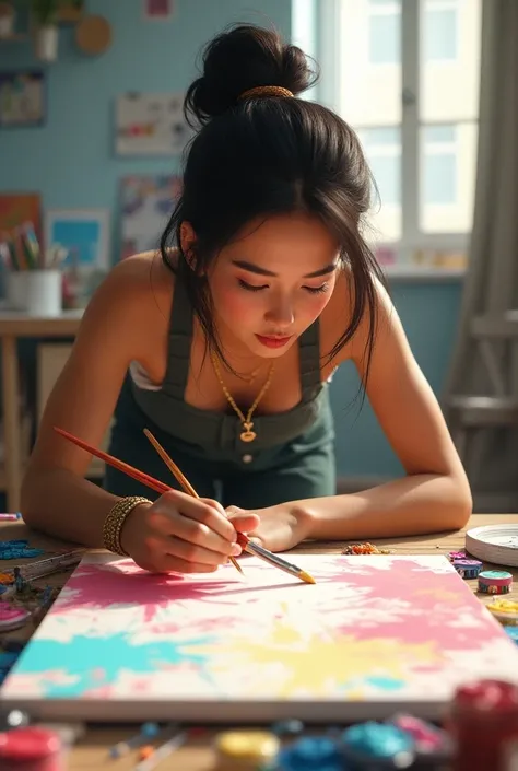 An action shot of Tina focused and painting with concentration, surrounded by her art supplies and a clean canvas.