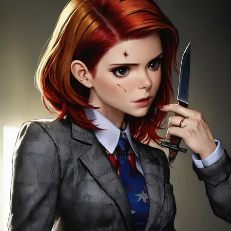 Kate Mara (age 20, role of Chucky, scandalous sexy outfit, cracks and breaks in her skin sewn or stitched crudely back together in places, crazy face, wielding a knife), bedroom
