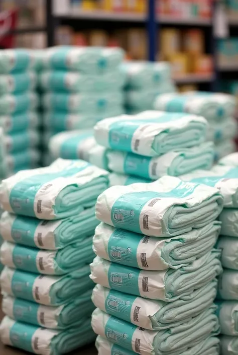 Multiple stacks with disposable diapers is on display for sales