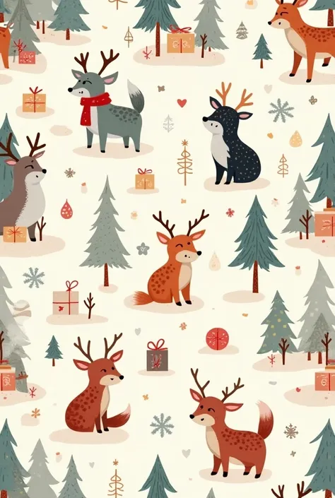 Christmas set with seamless pattern, wallpaper, background and greeting card, cute animals wearing reindeer horns, seasonal design, vector