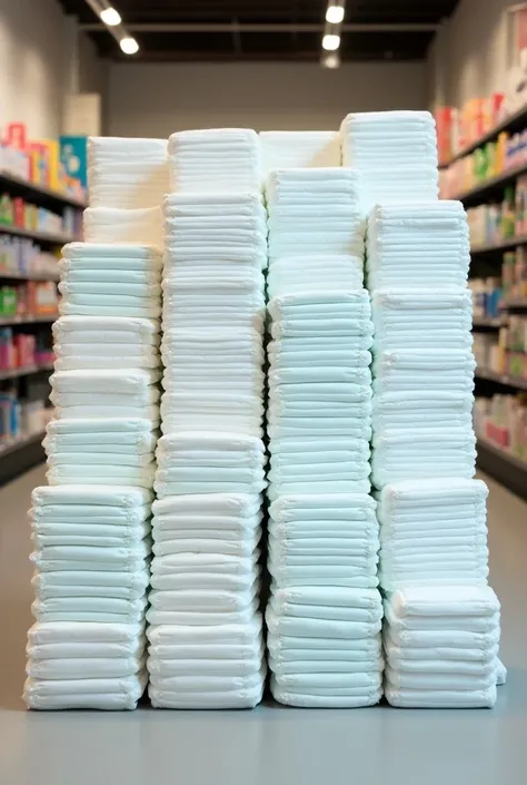 Multiple stacks with disposable diapers is on display for sales in format 1:1