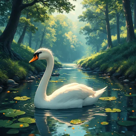 A graceful white swan gliding down a serene forest stream at dusk, rendered in the iconic Studio Ghibli style. The water reflects the warm, golden hues of the setting sun, creating a dreamlike atmosphere. Lush, exaggerated foliage in vibrant greens and dee...