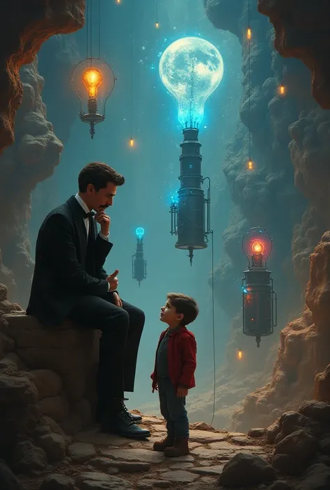 Nikola Tesla and the boy who are thinking and all around them is full of invention