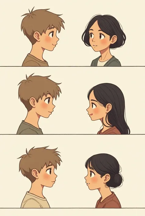 Make a short comic in the semi-realistic style of a boy and a girl showing them in the  phase, adolescent and adult .  Make their faces at angle 3 /4. 