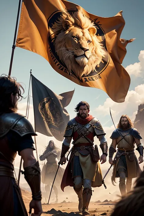 A group of 5 warriors, archers and wizards, a flag with a lion logo written "Melatto",dramatic lighting,cinematic composition,epic fantasy,highly detailed,masterpiece,photorealistic,dramatic lighting,cinematic composition,epic fantasy,highly detailed,photo...