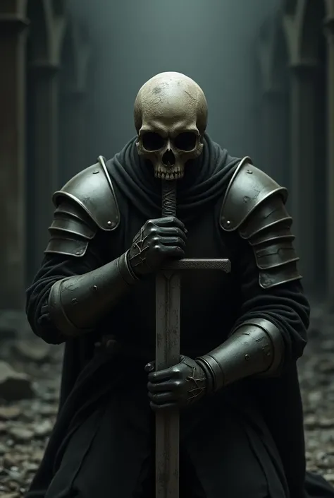  A skull of a kneeling Templar knight holding a sword in front of him in a dark environment, with your head down as if you were praying 
