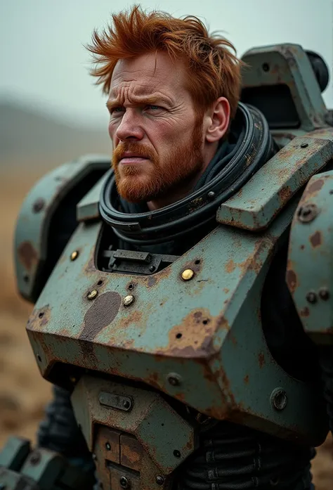 Mech pilot, Male, Red hair, Tired, Damaged, Rule of thirds, High quality background, ultra detailed scenery, super sharp focus, Perfect for professional photos