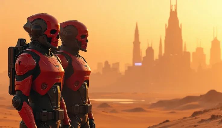  Create a futuristic desert city with orange dust on the horizon , with a 2 soldiers .  Wearing red-on-black futuristic armor and skull masks,  In a building looking at the horizon 