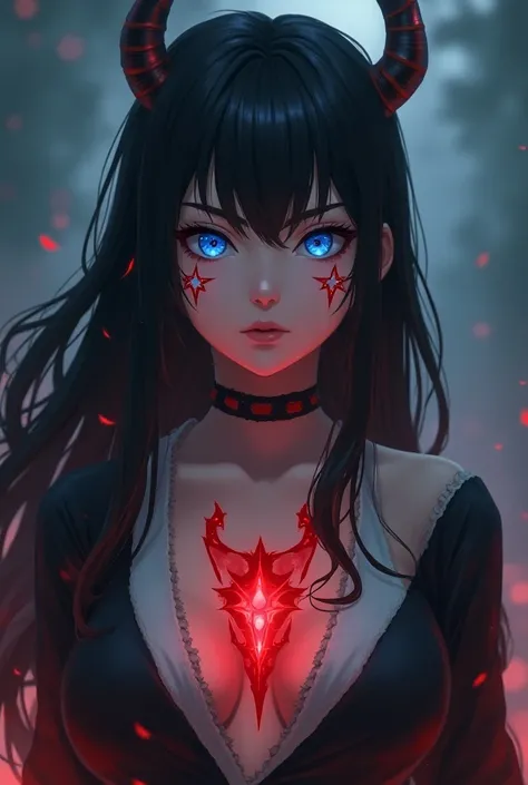 Year-old girl Naruto Shippuden , with long black hair, bright blue eyes,  five-pointed star marks on the black cheeks,  red succubus tattoo on her chest 