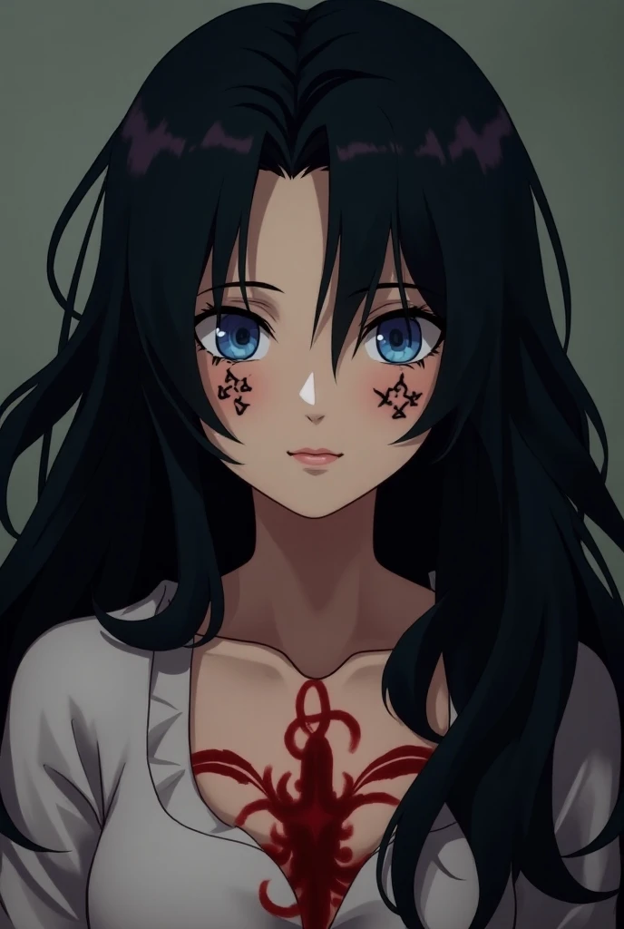 Year-old girl Naruto Shippuden , with long black hair, bright blue eyes,  five-pointed star marks on the cheeks in black,  red succubus tattoo on her chest 