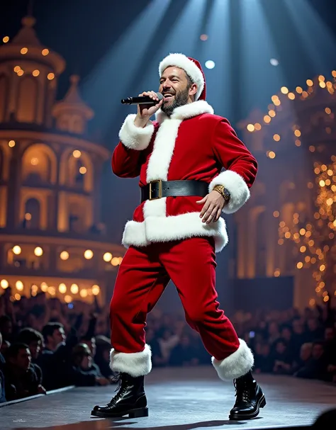 Chris Martin from coldplay band dressed as Santa Claus at a concert.