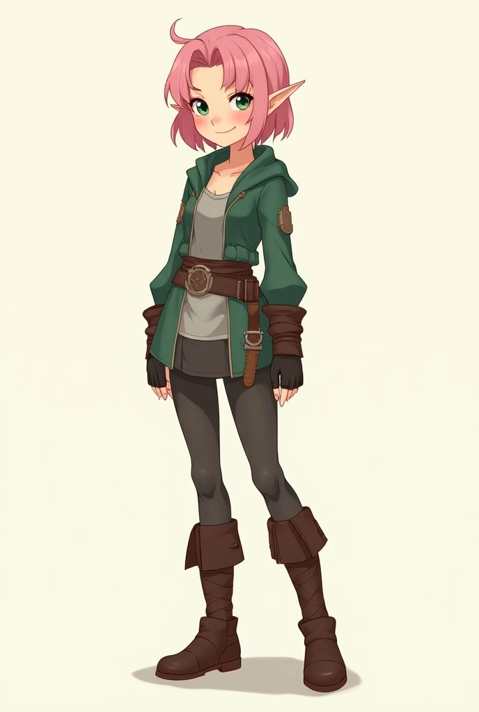 (Full body:1.5), subject in semi-profile, 1 half-elf, woman, young, slightly pointed ears, small ears, pink hair, green eyes, slim, medium chest, medi thighs,  nice legs, smiling, friendly, RPG clothes, rogue clothes, leather boots, anime style, simple dra...