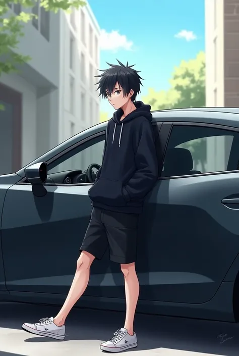 A 2017 Mazda 3 dark gray sedan ,  with a person leaning on the car , young man in white sneakers black shorts and black poleron light skin black hair short on the sides and a little longer on the top
All in anime version