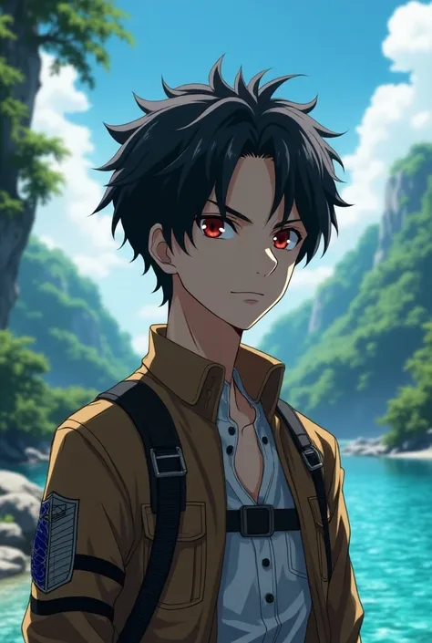 Attack on titan screencap of a male with spike mink hair, red eyes, and about teen . scenery is beatiful in paradise island. he is wearing a survey