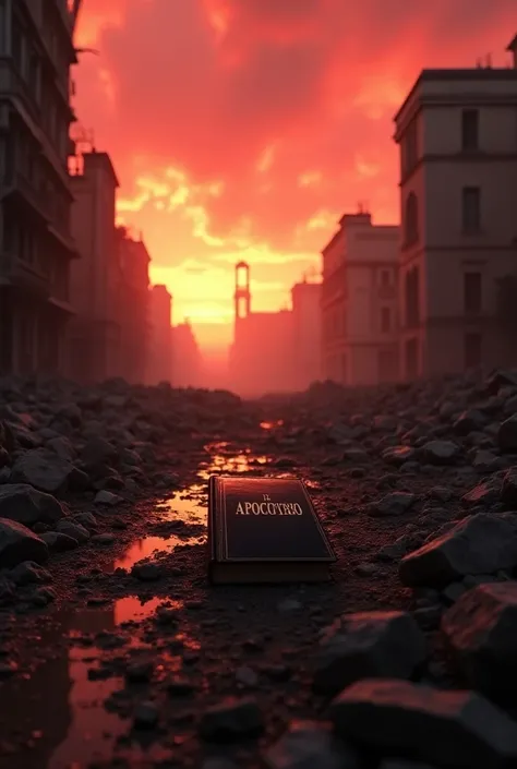 A destroyed city and in the middle a book that says “Apocalypse” in Spanish. in red tones. AMD FidelityFX 3 Super Resolution, shiny effects, Extremely detailed texture, photographed with Canon EOS 5D Mark IV