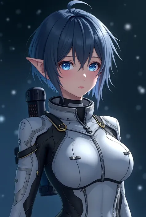  Close-up of Girl ,Space suit, Vertical, Anime Bubble Dress ,  Astronaut Girl ,  Short Hair Light Blue and Black Mixed, Sparkling blue eyes, Elf tribe, Wear tight clothes,  big breasts, 4K , masterpiece ,  best quality,  very detailed , Anime style,
