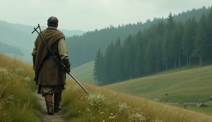  A man in medieval peasant clothing and European appearance, His face does not appear .  he is walking towards the forest, and holding a sword. Scene seen from the back and from afar .