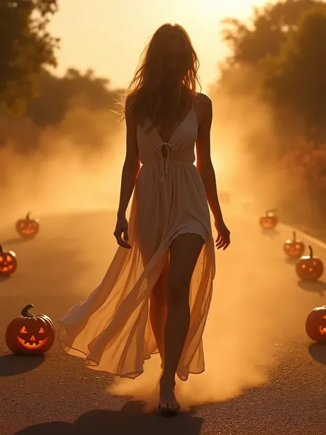 (heat haze:1.4), a woman wearing loose summer dress, epic double g natural perky breast. walking in road mirage, mirage, The heat causes the air to fluctuate, making the landscape or the figure of a person appear distorted Swayingly, Diffuse reflection of ...