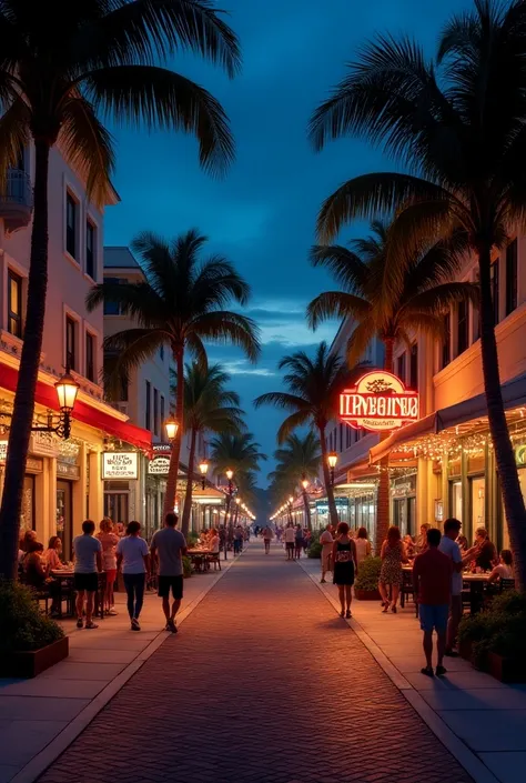 Full page ad photo. featuring  a 2 lane street in a small coastal Florida town. young trees  and palms line street. Cobblestone street. Fall. night. Bars, restaurants, cafes open and with dimers and guests. Big illuminated signs with business names along b...