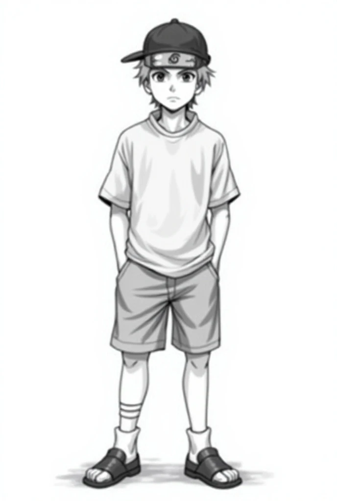 Naruto Uzimaki black and white manga version looking aside with hands in pockets
Wear shorts and a wide short sleeve shirt and a cap on the head 