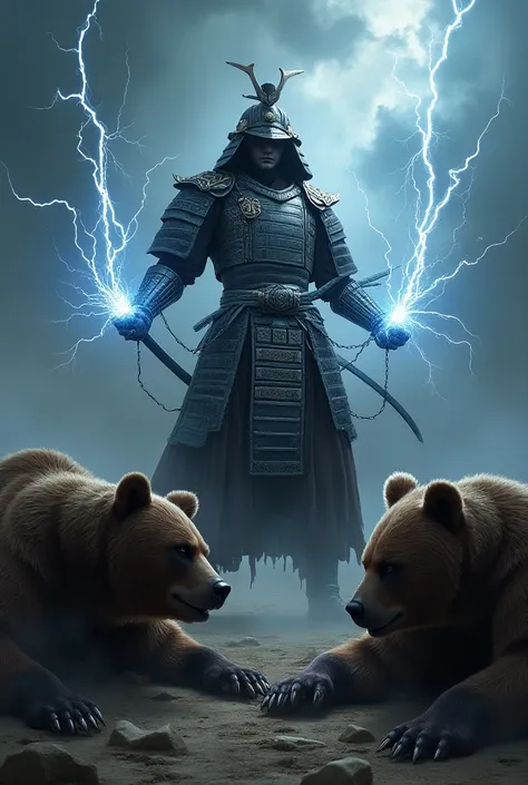 Samurai god with the power of thunder,   shooting rays from their hands,And killing 2 bears lying on the ground
