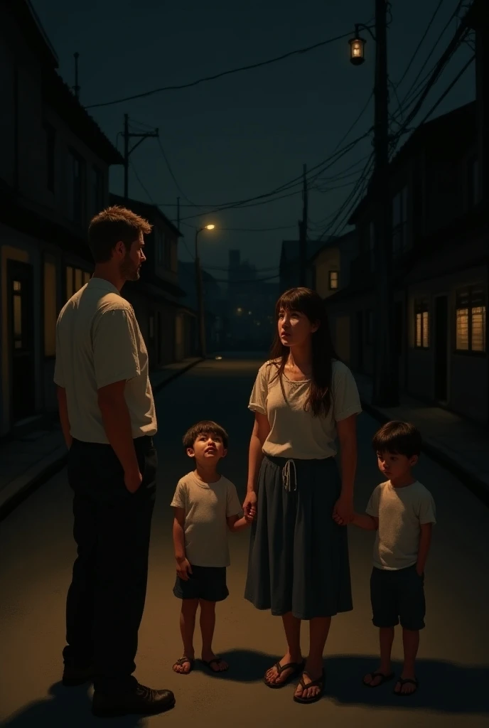 An emotional scene depicting a young woman standing with her two ren on a dimly lit street, looking weary and exhausted. In the background, a man approaches her, expressing concern and compassion. The atmosphere is somber, with a hint of hope, suggesting a...