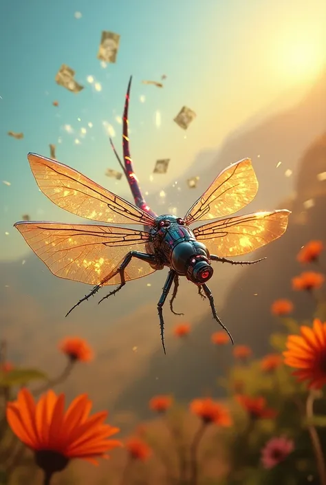  background in speed trails {x} A fully mechanized dragonfly of fleas says and money.  in full flight ,  colorful with light effects ,  sunny , bright ,  sunny ,  kinetic image .