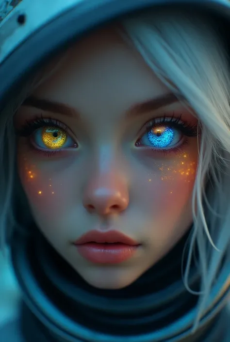 Close-up of the best masterpiece:1.5)0.9], (Space and astronauts:1.2) (Loose silver hair:1.1) (Heterochromia: xanthochromia and blue eyes:1.2) (Space helmet:1.0) (Colored stars in the eyes:1.0) (Shining light:1.1) (full lips:0.9)