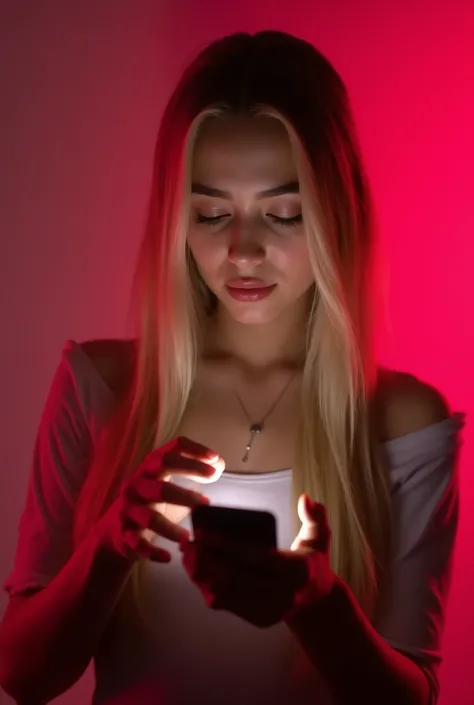 a beautiful girl with long blonde hair, detailed eyes, nose, and lips, standing, holding a smartphone, looking down and smiling softly, dramatic lighting with pink and red tones in the background, creating a stylish and modern atmosphere. The focus is on h...