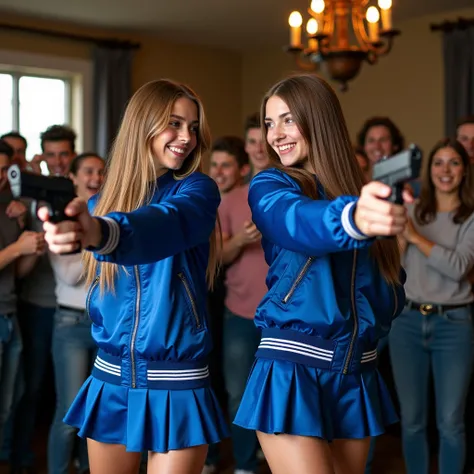 photo realistic high definition image of two 2 young Swiss women with realistic faces, long hair, looking at each other, smiling, silky,  shiny, short cropped royal blue nylon bomber jackets with white trim, ,  and matching pleated satin skirts, each woman...