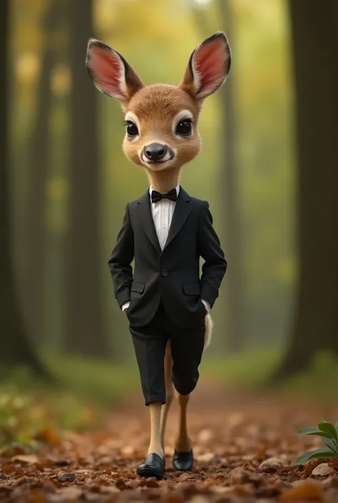 a full-body image with the animal standing on two legs. Realistic image of a small animal (baby deer). The animal, with its soft fur and natural expressions.

It would wear a small tuxedo and elegant shoes,

Adapted to its body creating a surprising and fu...