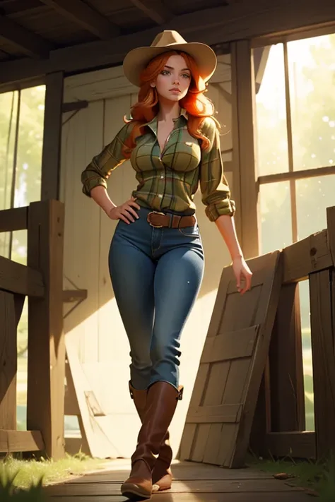 1 girl, Best Quality, masterpiece, cowboy shot, Orange hair, green eyes, tight clothes, barn, Wet, Green checkered shirt, Labor, sexy, Tight jeans, riding boots, half , cow print clothing:1.5, seductive, provocing, masterpiece, (dynamic angle:1.2), (dynami...