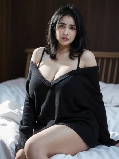 a 20 yo, (black hair, bob hair), wearing white oversize sweater, off-shoulders, big boobs, show cleavage, dark theme, soothing tones, muted colors, high contrast, (natural skin texture, hyperrealism, soft light, sharp), dark background. ((Show big thigh, p...