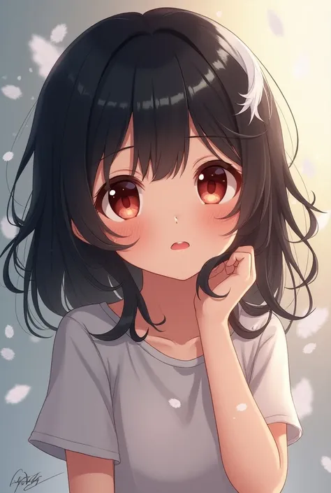 Baby anime girl with black hair with white lock with reddish brown eyes 