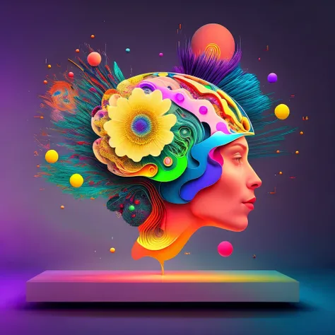 a drawing with a creative brain design full of vibrant colors and random drawings, Surrealism, Conceptual art, Futurism, modern, Minimalism, cinematic lighting, optical illusion, UHD, best quality, high quality, super detail