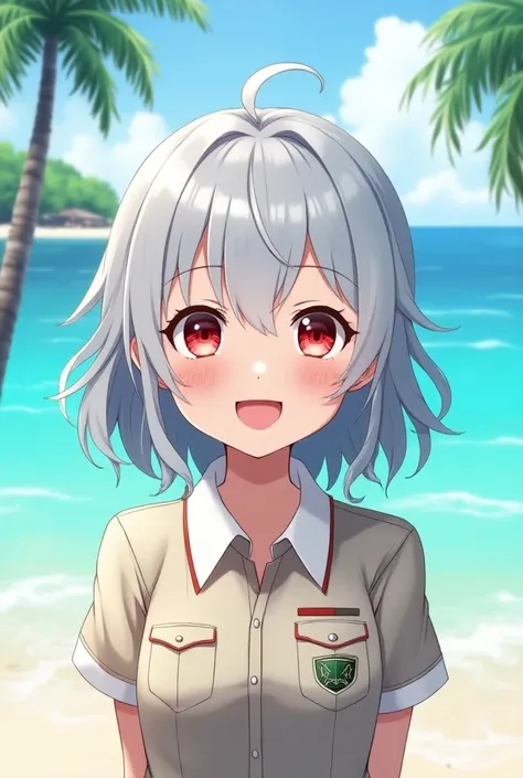 Anime female teenager screencap with loose milk gray hair, and red eyes, smiling happily. scenery is beatiful in paradise island. he is wearing a survey 