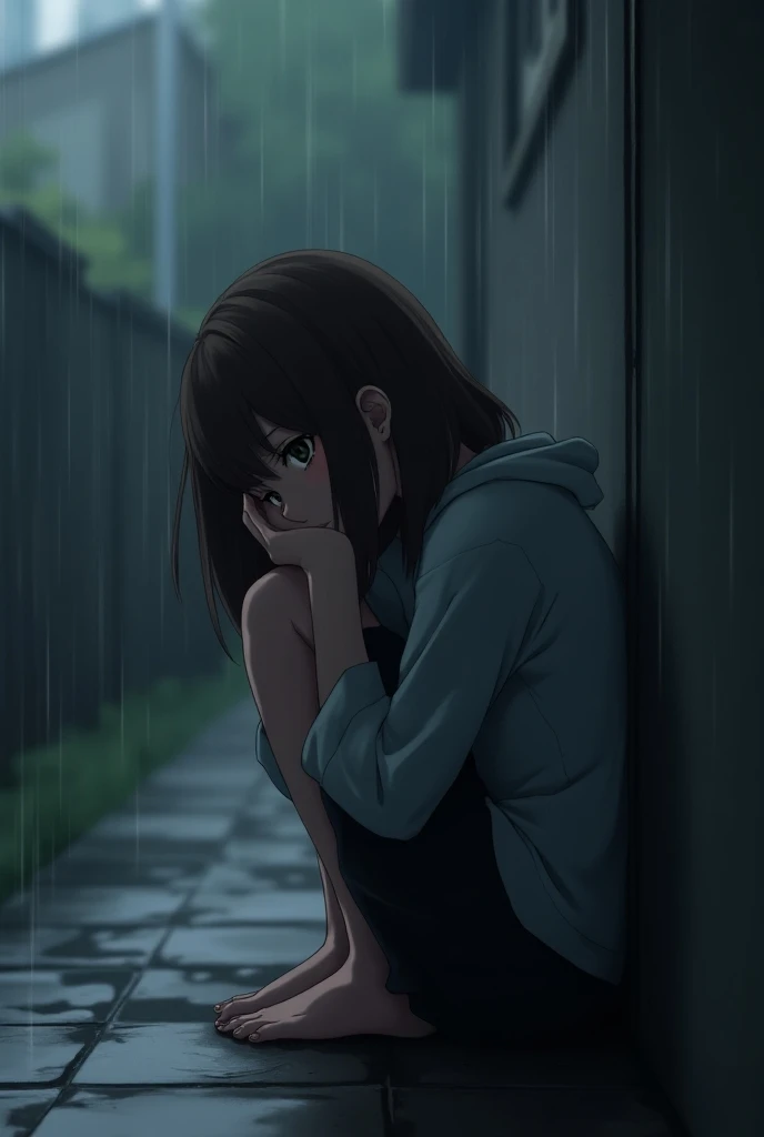 An anime image of a 24-year-old girl sitting in the rain , Leaning against a house wall .  With brown shoulder-length hair .  with her head in her hands on and her elbows supported on the kien.
