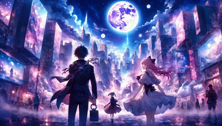 anime couple in the city on the night of the full moon、beautiful fantasy anime、epic light novel art cover、 anime fantasy art 、  ...