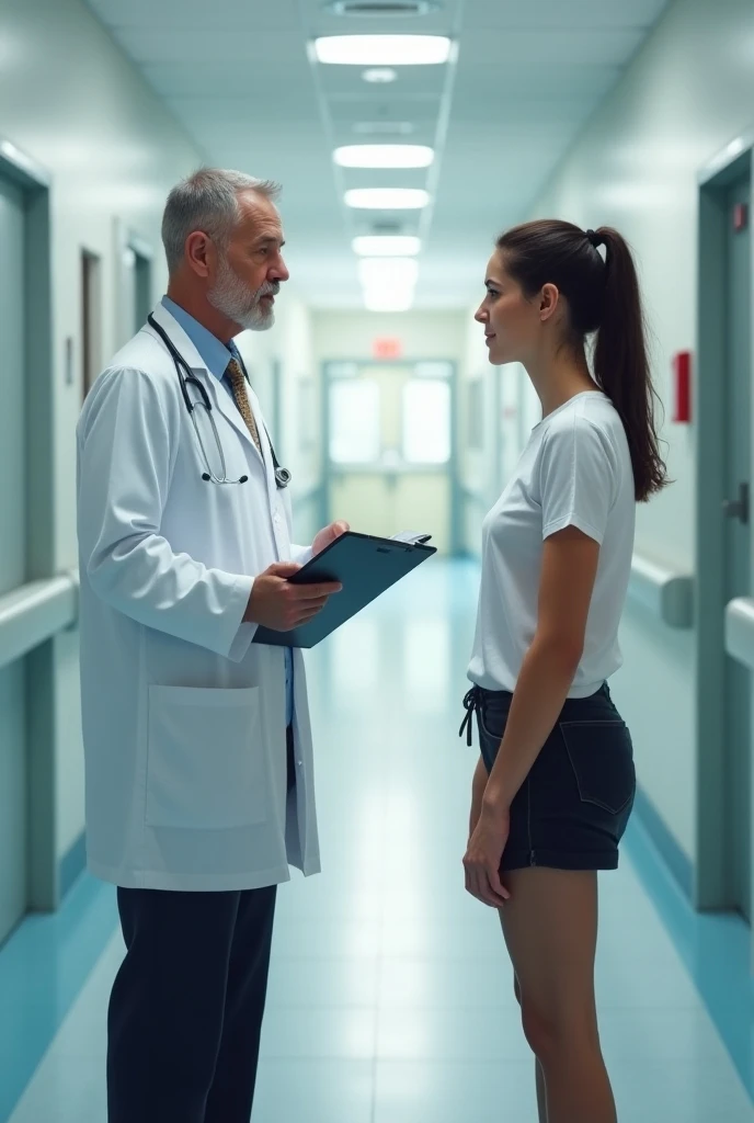 A male doctor talking to a 38-year-old woman wearing a white t-shirt and black shorts with her hair tied in a hospital corridor 