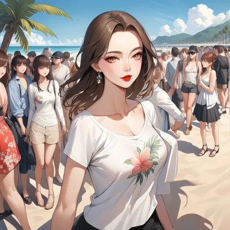 solo, full body,earrings, eyelashes, pantyhose,, (beach,(palm tree),crowd,(white shirt), floral print,red lips),sexy evocative smile,, (shiny skin:1.05),(blush:0.9),(skindentation:1.15),realistic, masterpiece, highest quality, highres,absurdres, (perfect f...