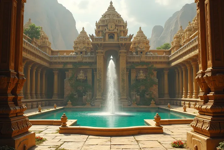 Imagine an enormous rectangular fountain set in the heart of an ancient Indian temple courtyard. The fountains structure is made of golden-brown sandstone, weathered over centuries, giving it a timeless, mystical aura. At the center rises a towering, intri...