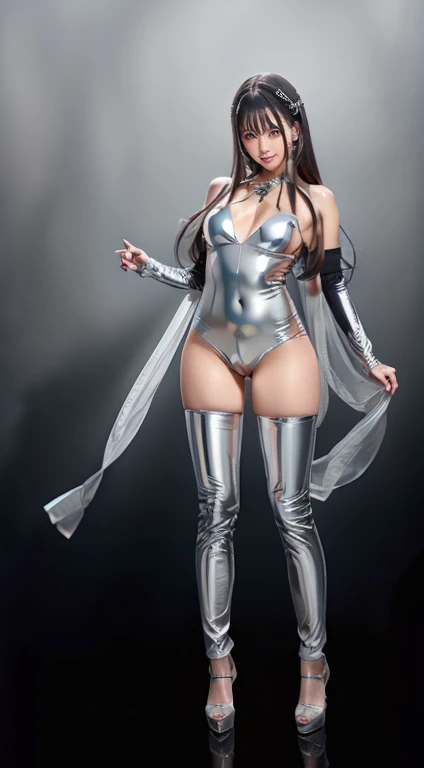 Full Body Shot、 standing、Long Silver Hair 、 Silver full length tights  ，   Silver Latex Suit  、  Araf Wearing Silver Thigh-High Boots ,   Silver Shiny Lingerie  , latex Shiny,   Wears Atsuko Kudo Latex Costume , full-body xianxia,   Silver Latex Costume  ,...