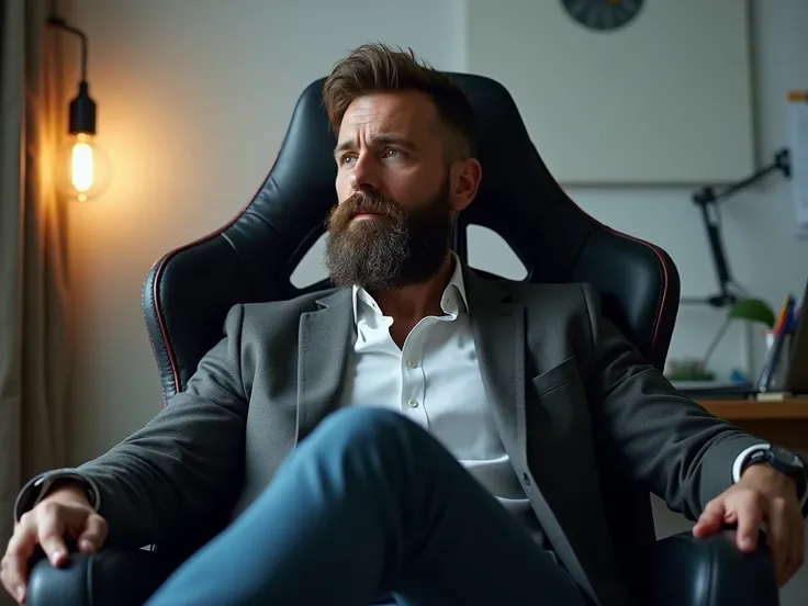 Creative entrepreneurship image sitting in gaming chair beard bold man
